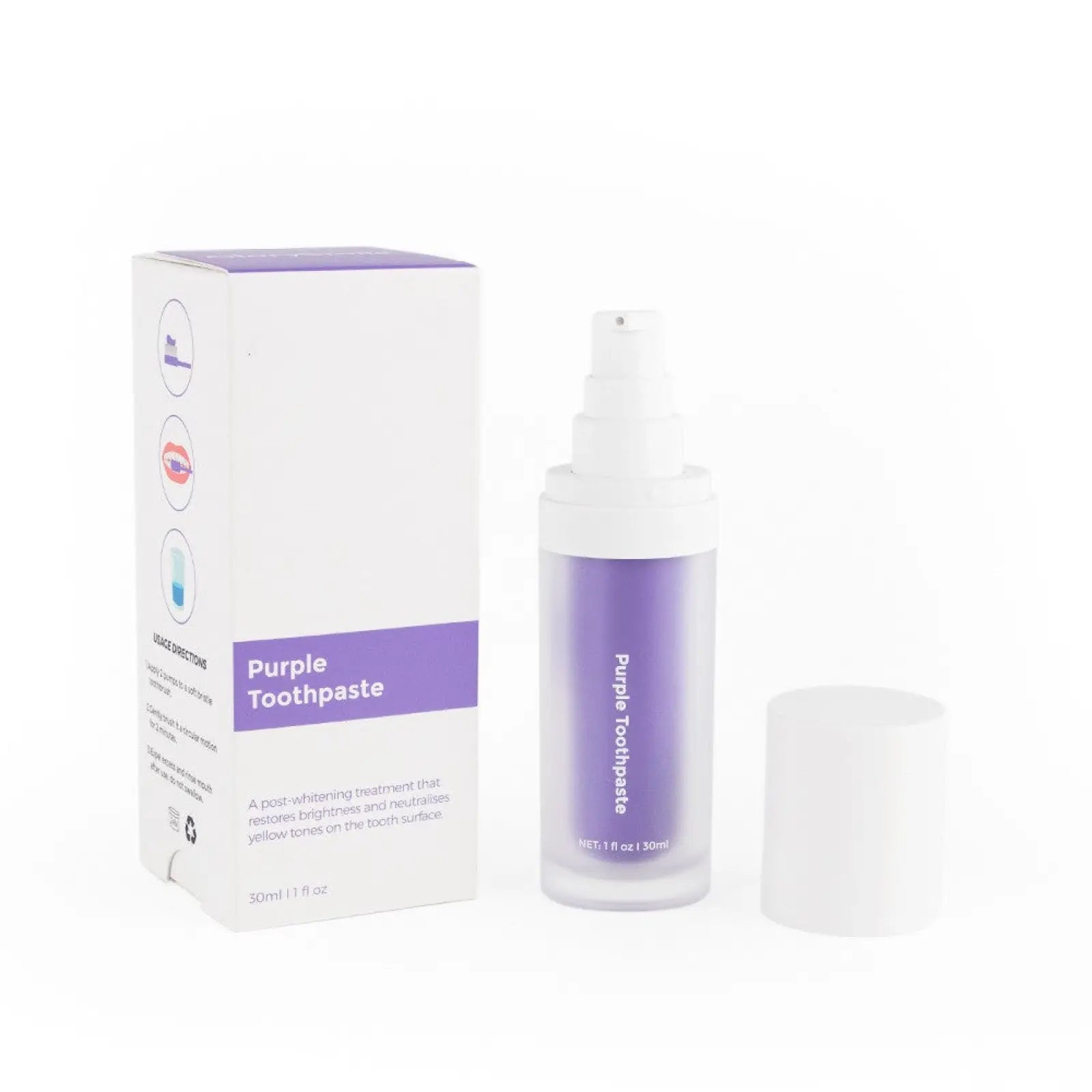 A sleek transparent spray bottle with white pump containing purple V34 teeth whitening color corrector foam next to its box