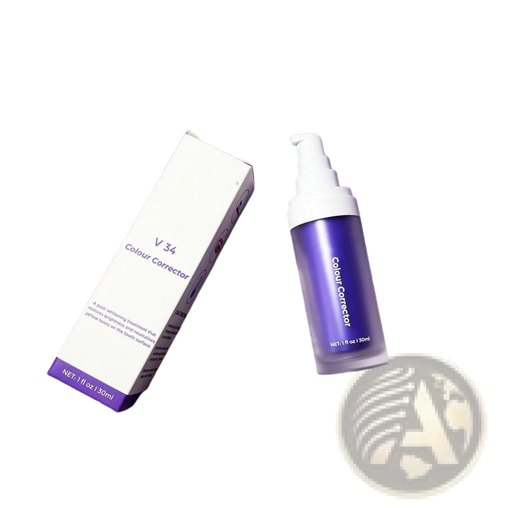 Purple v34 teeth whitening color corrector foam in a sleek translucent bottle with white pump dispenser