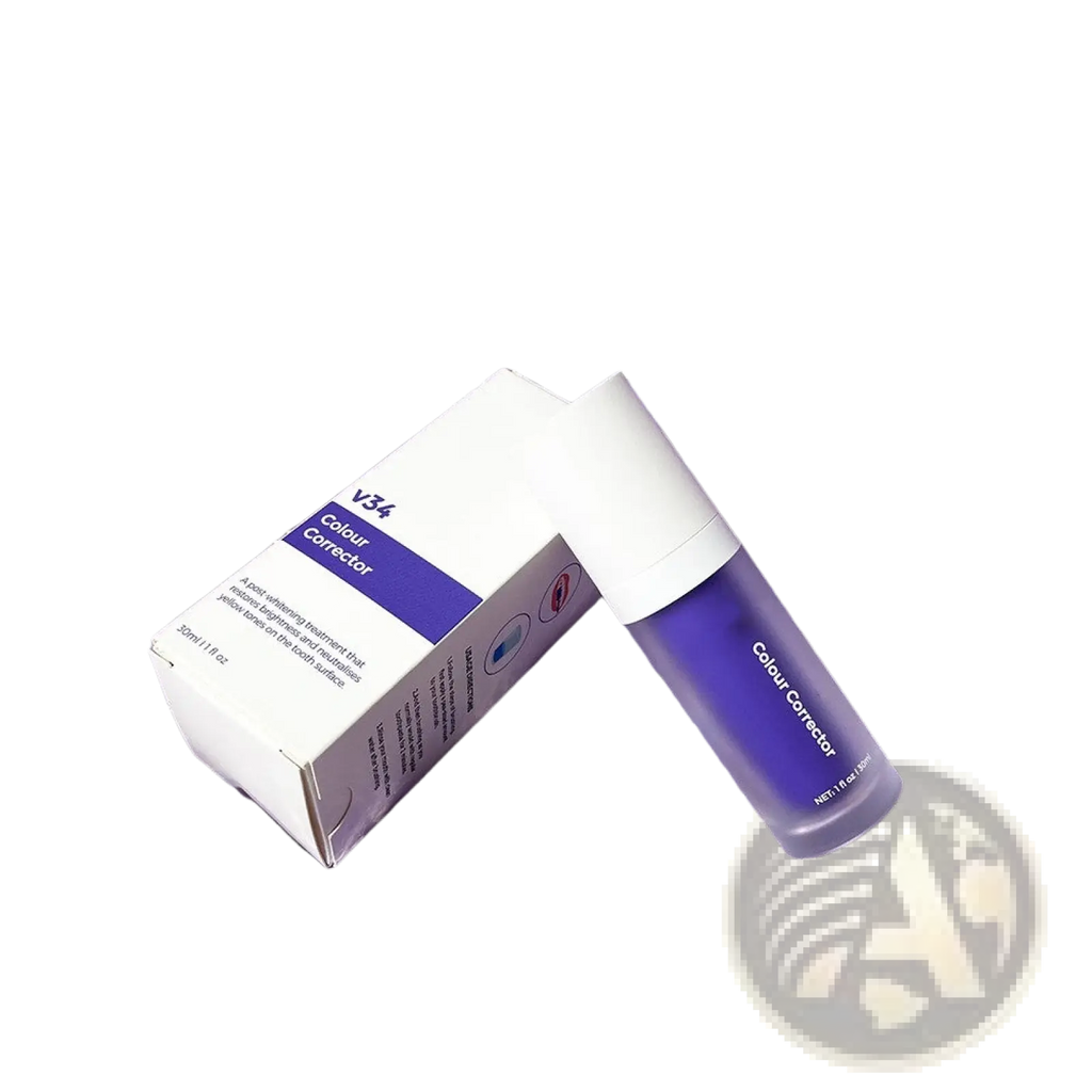 Purple v34 teeth whitening color corrector foam in a sleek translucent bottle with white cap and matching box