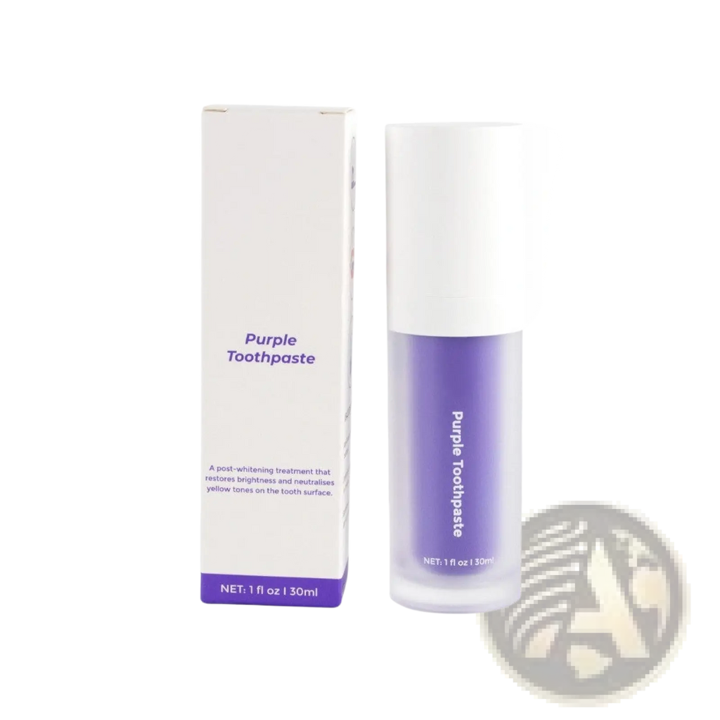 A sleek transparent bottle with white cap containing vibrant purple teeth whitening foam beside its minimalist box
