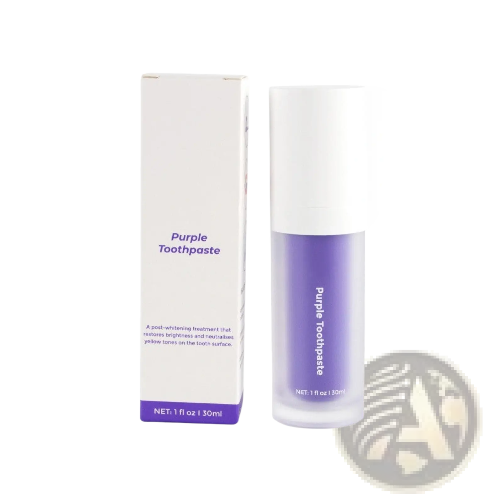 A sleek transparent bottle with white cap containing vibrant purple teeth whitening foam beside its minimalist box