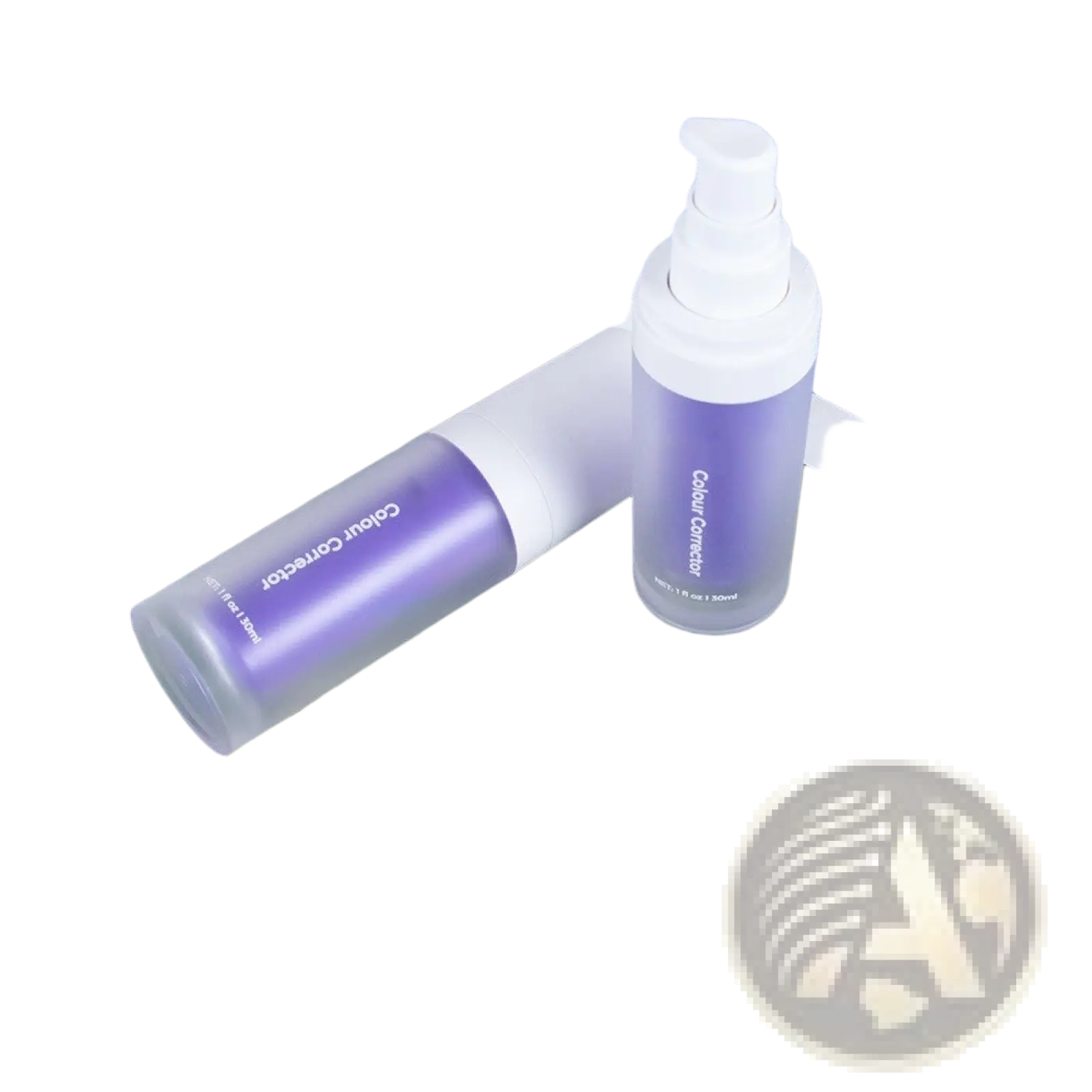 Two translucent purple bottles of v34 teeth whitening purple color corrector foam with white pump tops and sleek design
