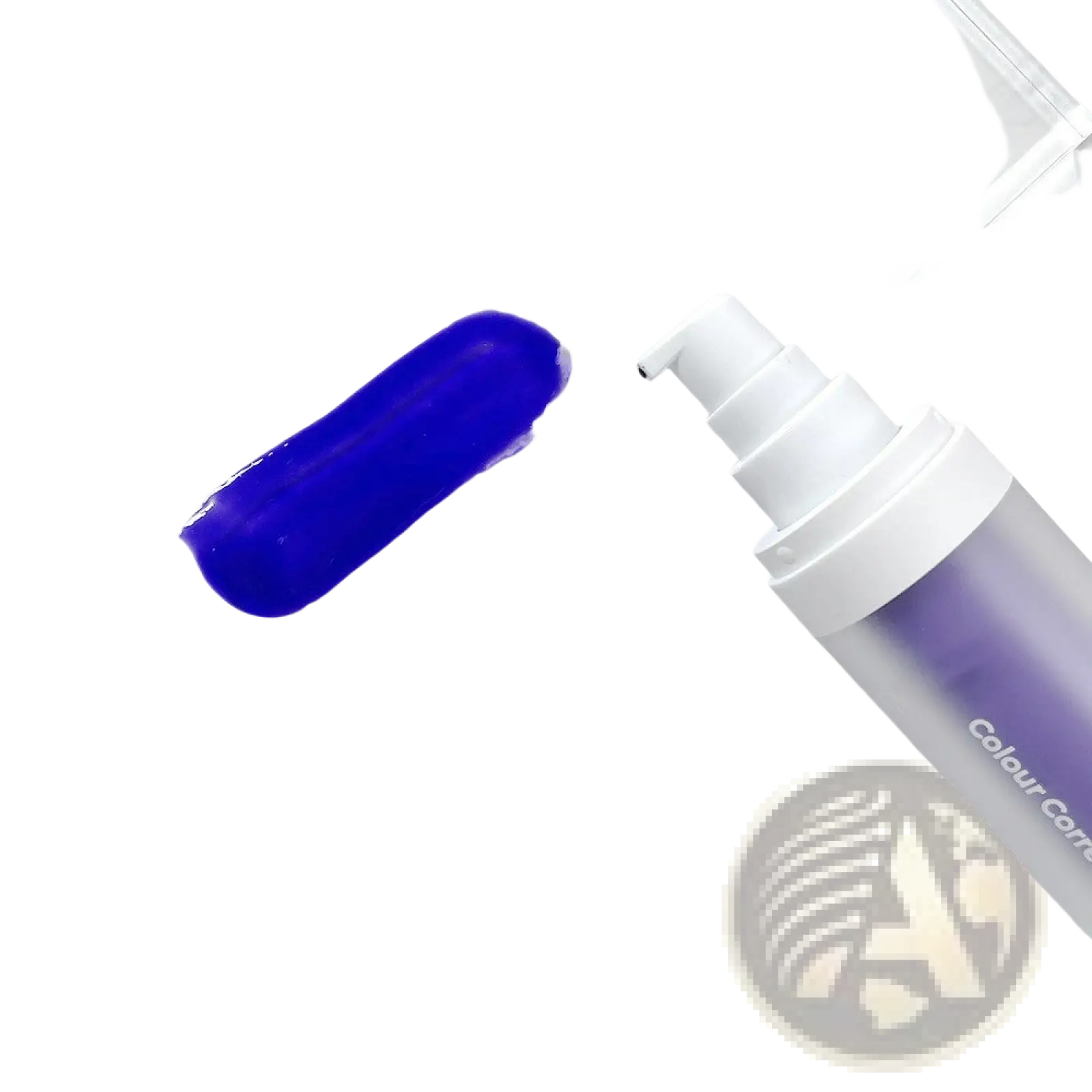 A sleek translucent purple pump bottle with white dispenser cap labeled colour correct for v34 teeth whitening foam