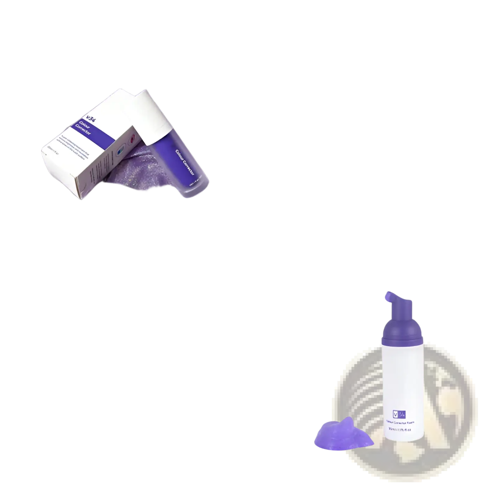 Purple frothing V34 teeth whitening foam bottle with white cap and matching purple pump dispenser for color correction