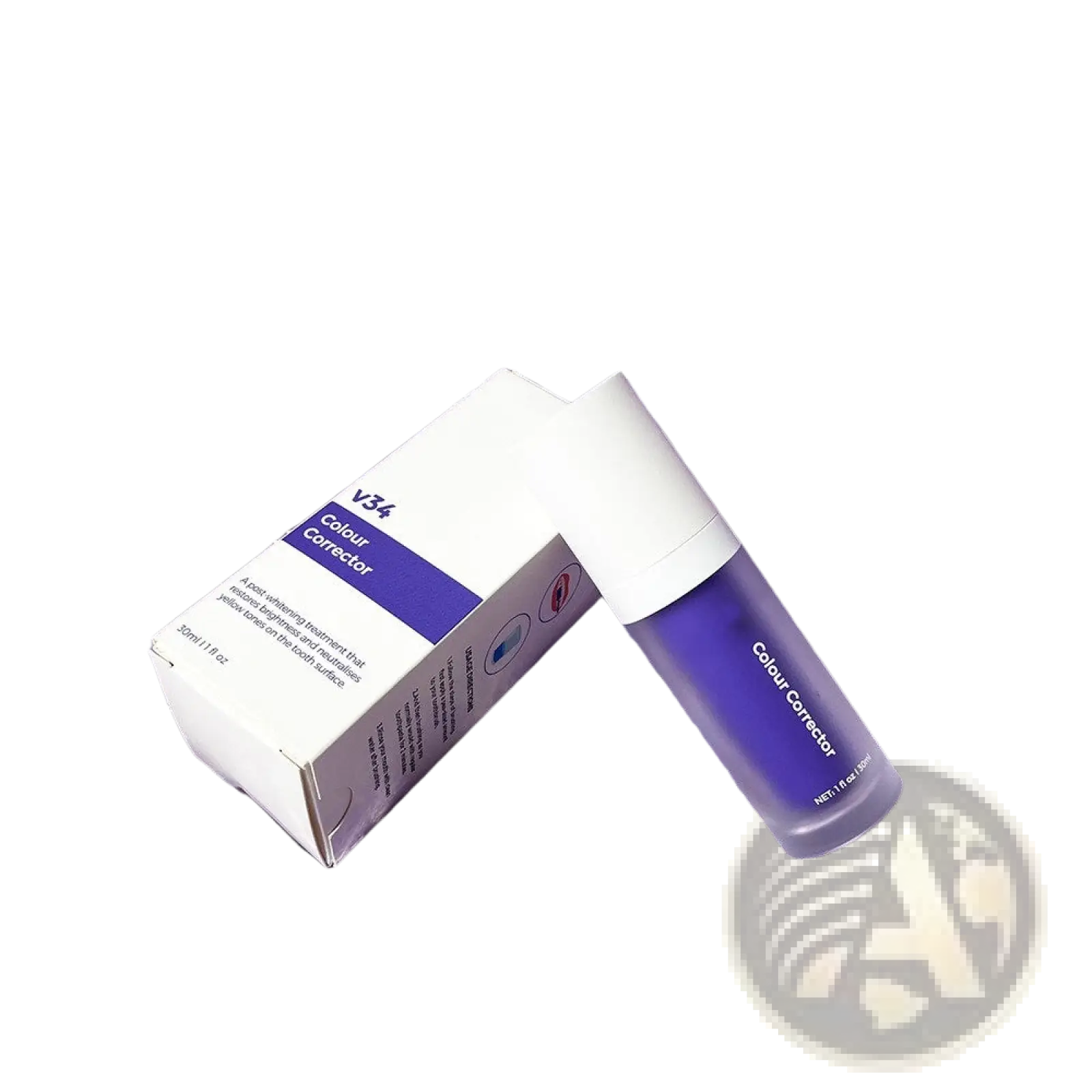 A sleek translucent purple v34 teeth whitening color corrector foam bottle with white cap and matching box