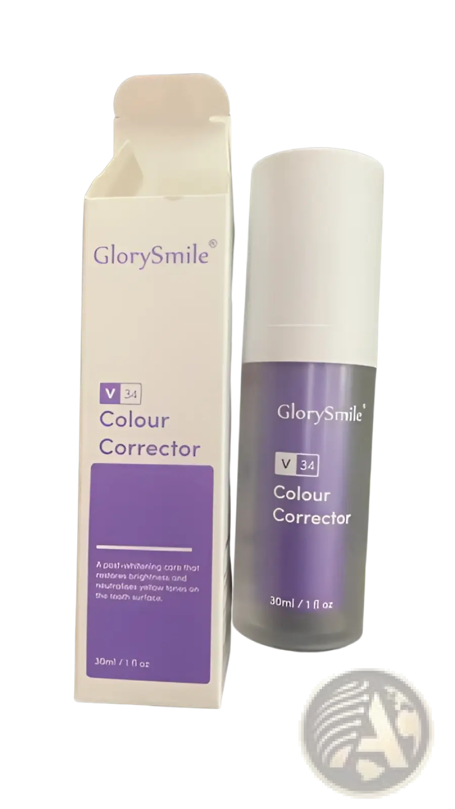 Glorysmile v34 teeth whitening purple color corrector foam in a sleek purple-tinted bottle with white cap and matching box for post-whitening care