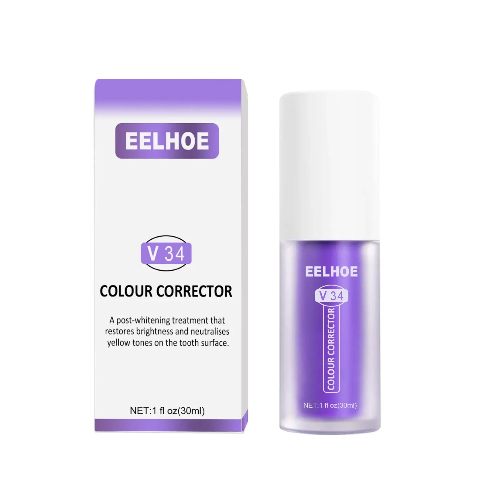 Eelhoe v34 teeth whitening toothpaste purple color corrector in a sleek white transparent bottle with matching packaging