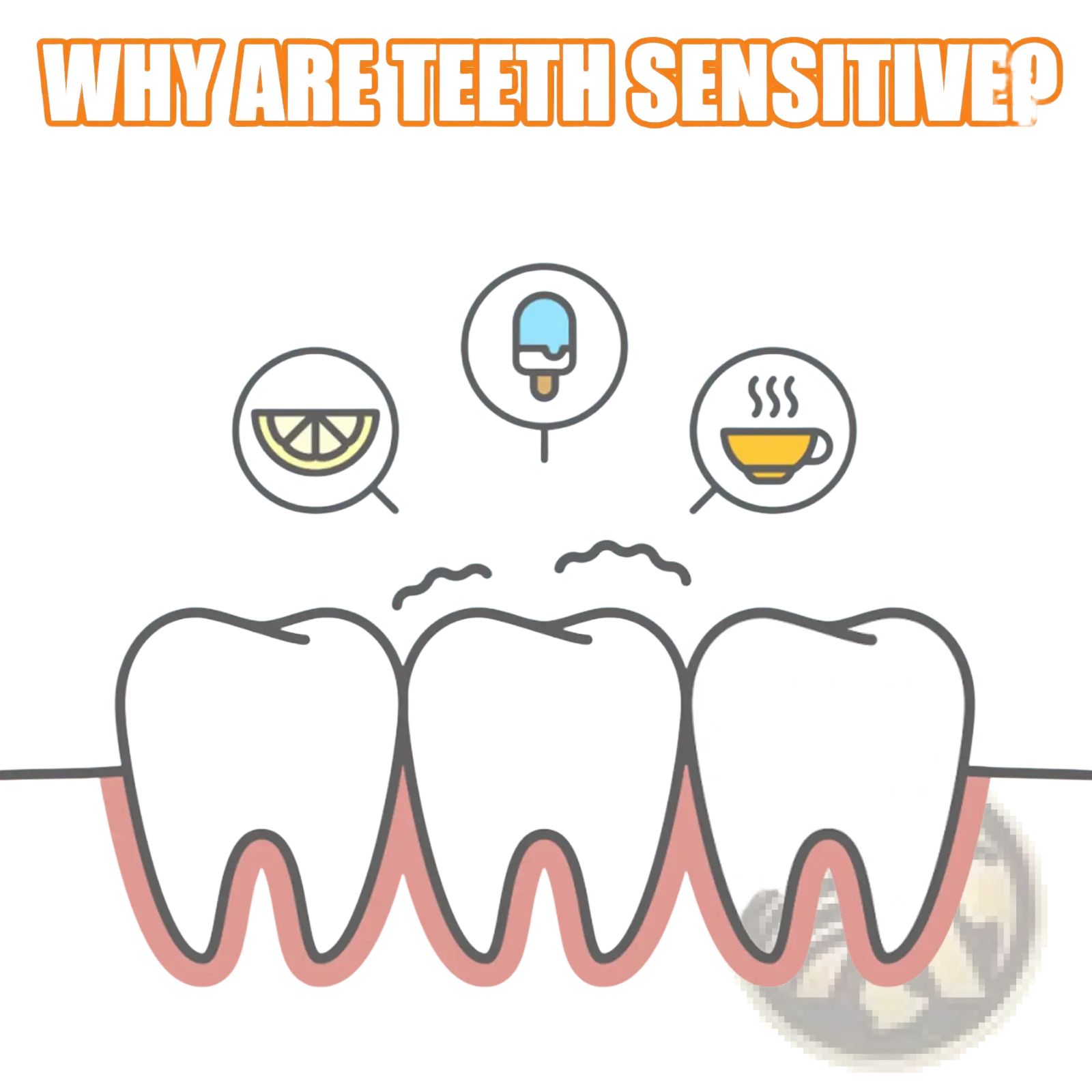 White cartoon teeth with pink gums and icons of tooth sensitivity causes above for v34 teeth whitening toothpaste purple color corrector
