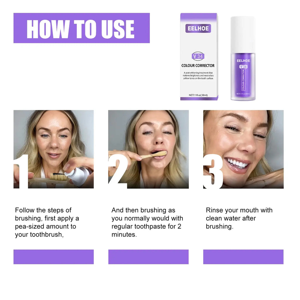 Purple eelhoe v34 color corrector toothpaste for whitening and brightening teeth in purple packaging
