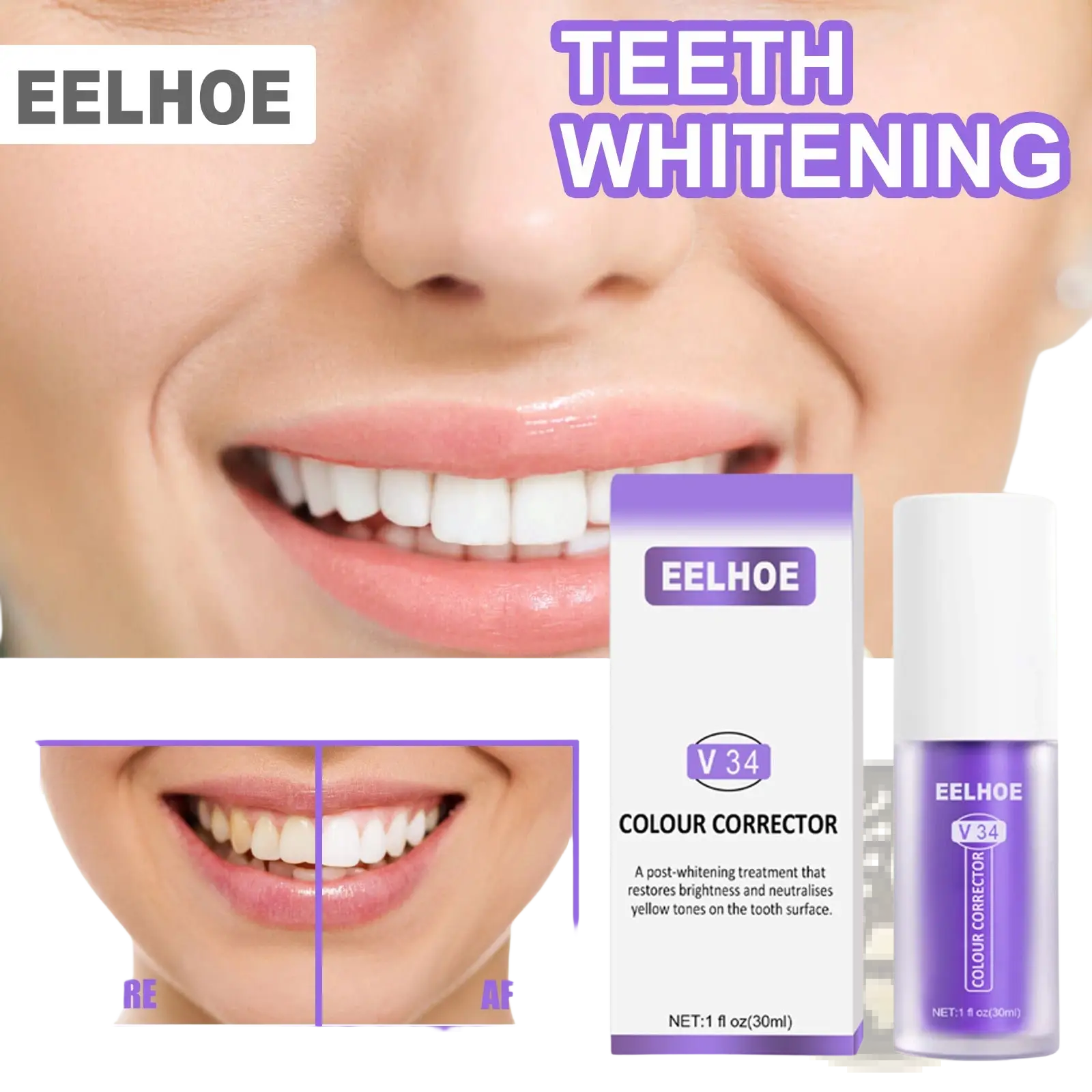 Eelhoe v34 teeth whitening toothpaste purple color corrector in sleek bottle and packaging neutralizes yellow tones