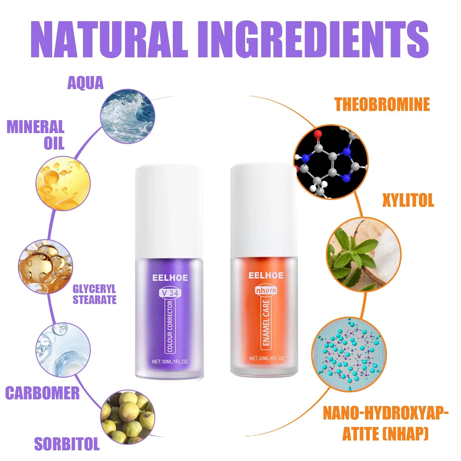Two eelhoe brand teeth whitening toothpaste bottles in purple and orange with clear glass bodies and white tops