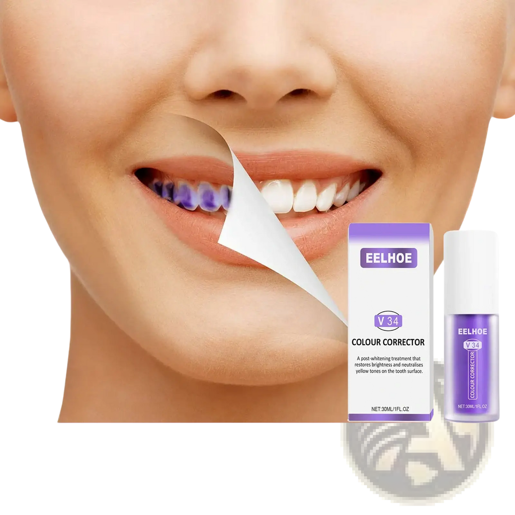 Eelhoe v34 teeth whitening toothpaste purple color corrector in sleek bottle designed to neutralize yellow tones