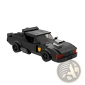 Black lego-built v8 interceptor muscle car with silver hood scoop yellow side detail and red taillights from back side