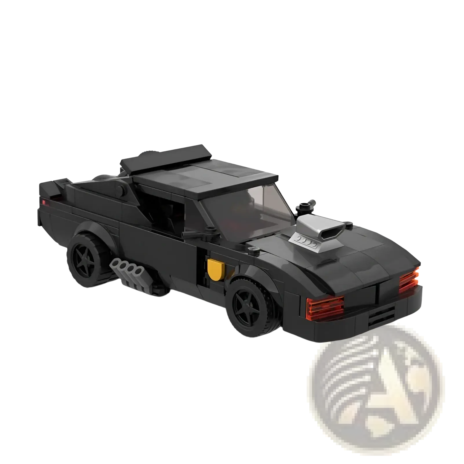 Black lego-built v8 interceptor muscle car with silver hood scoop yellow side detail and red taillights from back side