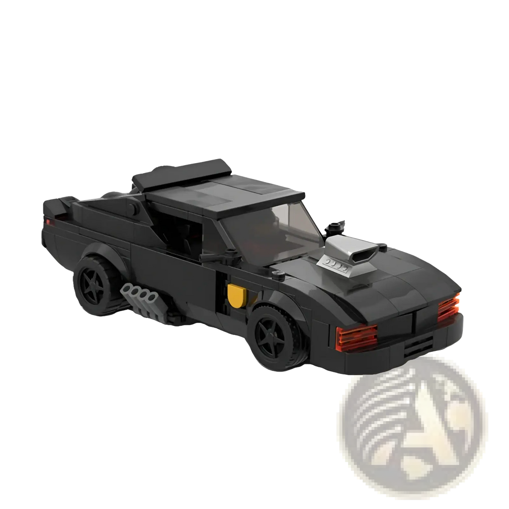 Black lego-style v8 interceptor muscle car with sleek angular design red taillights and yellow side accents back view