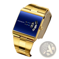 Va va voom men quartz digital watch stainless steel with gold-tone rectangular case and vibrant blue digital face