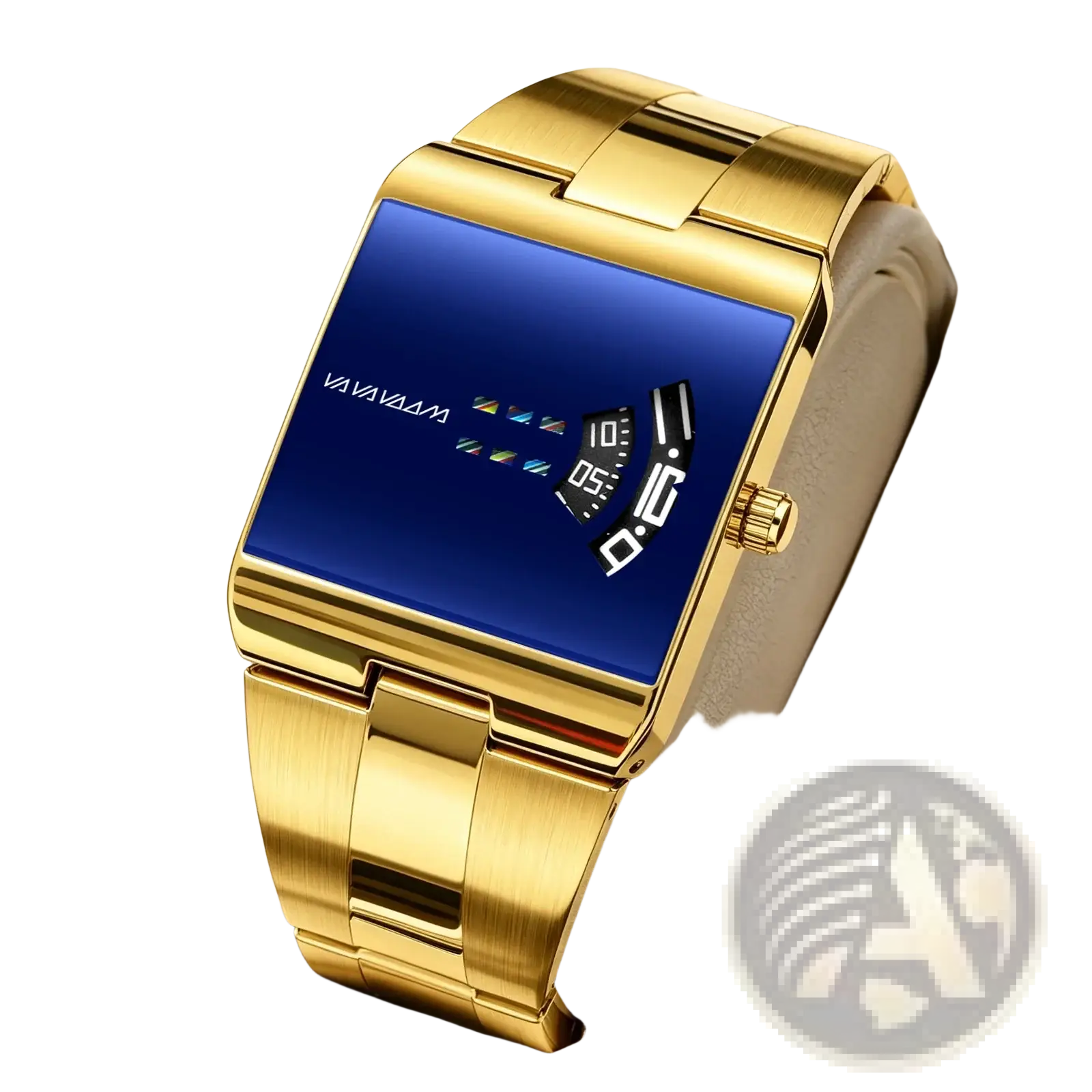 Va va voom men quartz digital watch stainless steel with gold-tone rectangular case and vibrant blue digital face