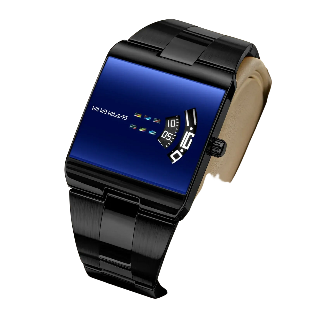 Black metal men quartz digital watch with rectangular blue face white numerals stainless steel va va voom model