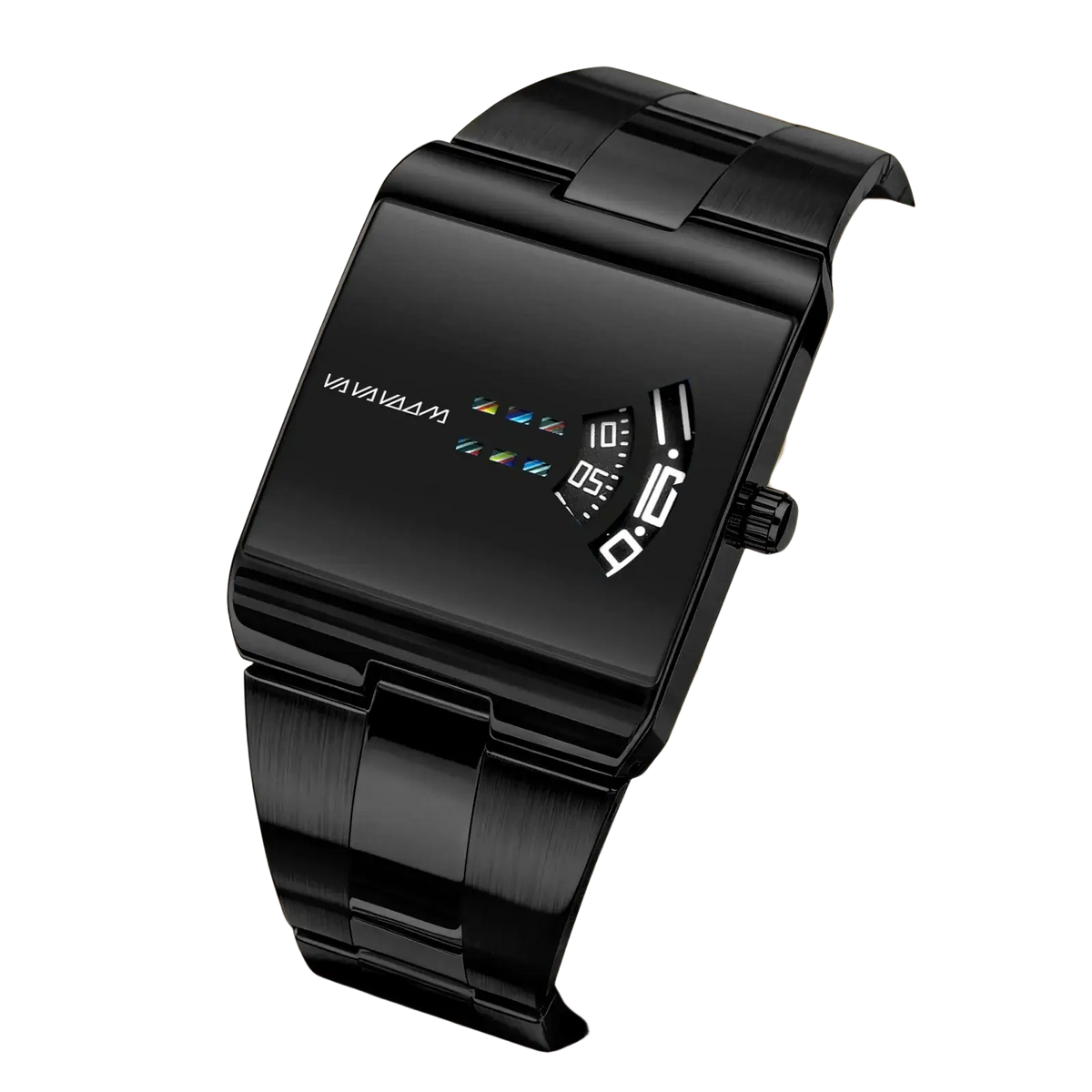 Va va voom men quartz digital watch with black rectangular face and stainless steel sleek metallic band