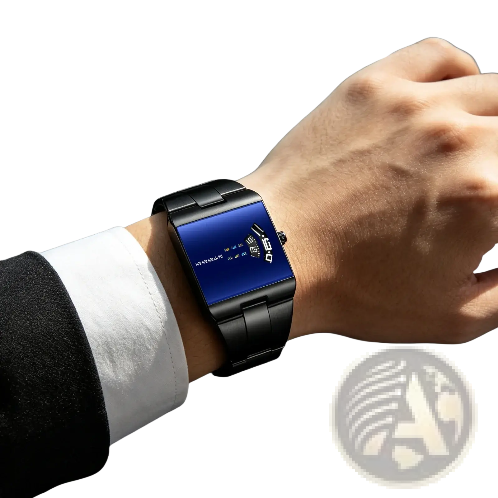 Va Va Voom men quartz digital watch with black rectangular case blue display and stainless steel band