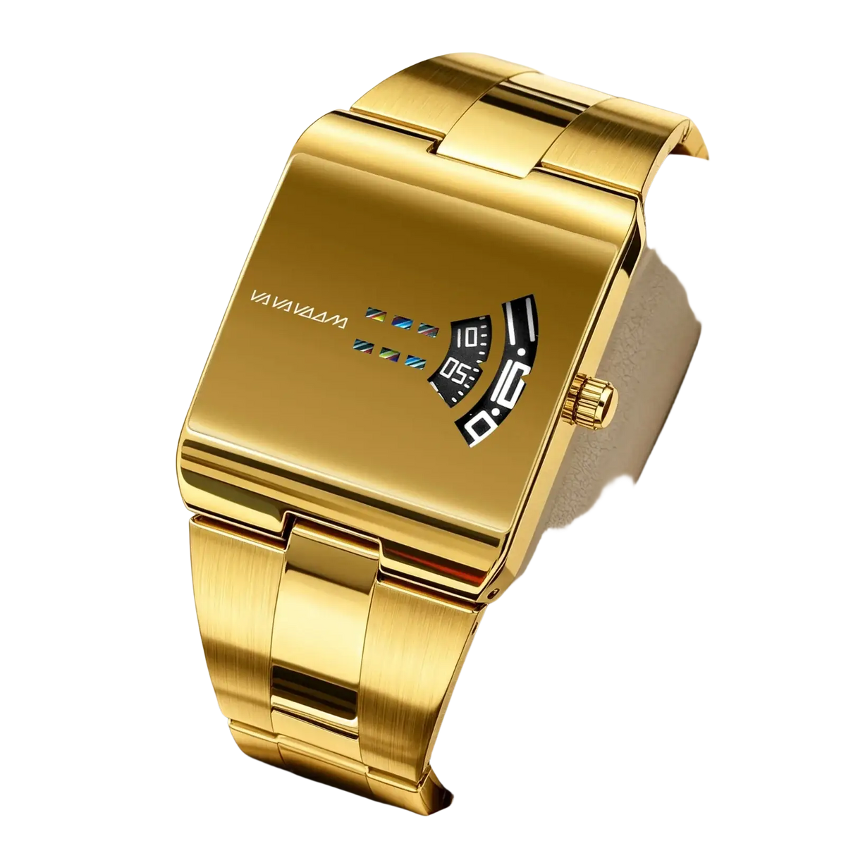 Va Va Voom men quartz digital watch stainless steel with gold-tone rectangular face and minimalist black numeral display