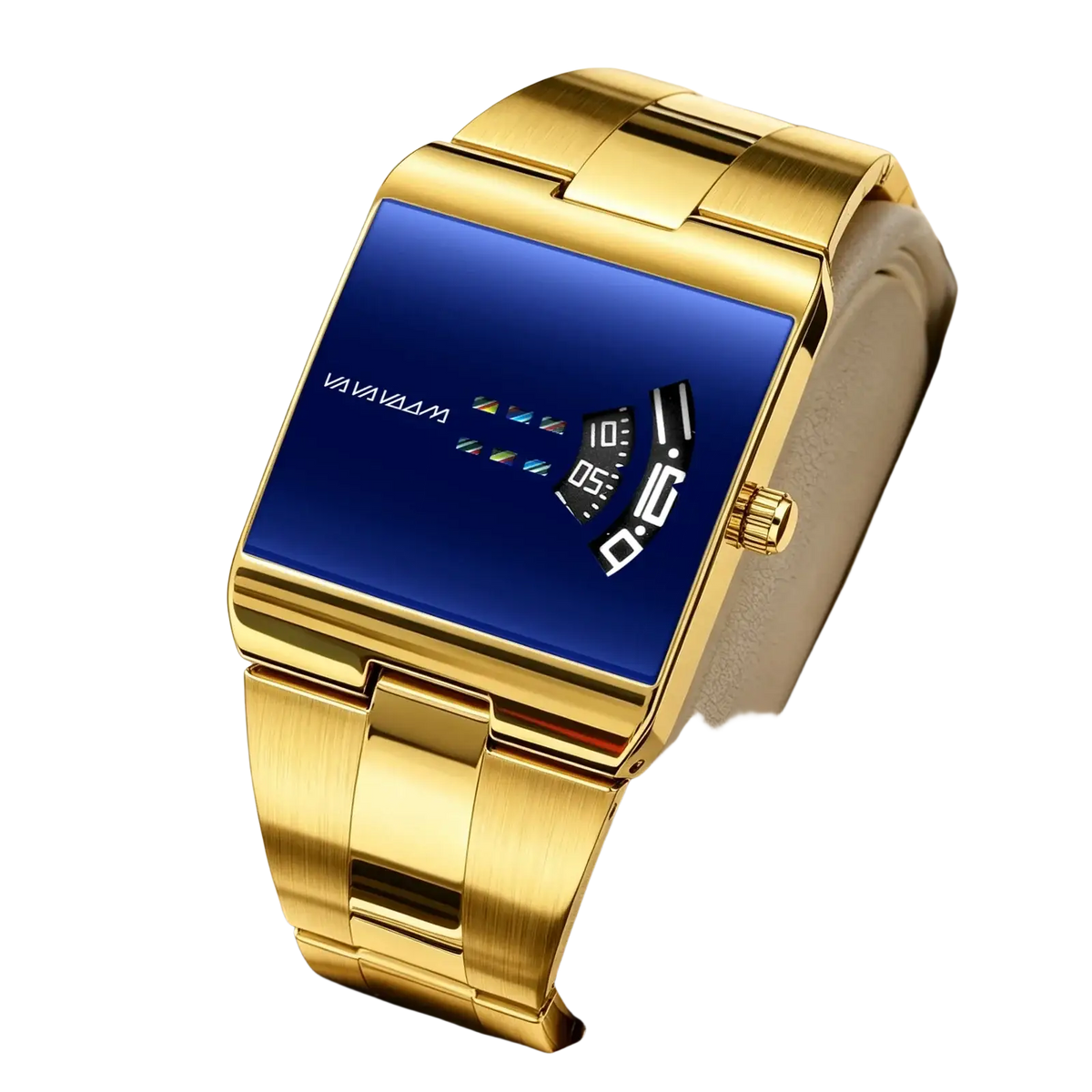 Va va voom men quartz digital watch stainless steel with gold-tone rectangular case and vibrant blue digital face