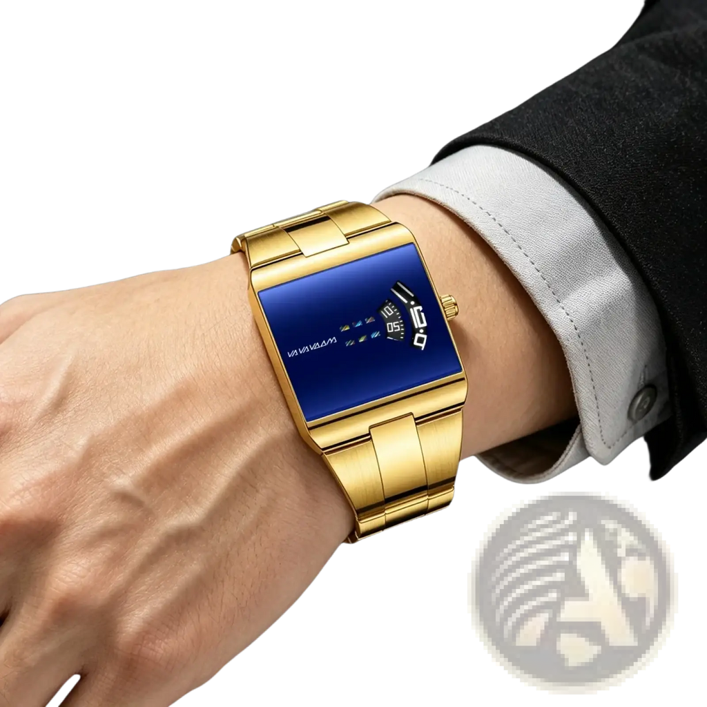 Gold-toned stainless steel va va voom men quartz digital watch with vibrant blue face and minimalist rectangular display