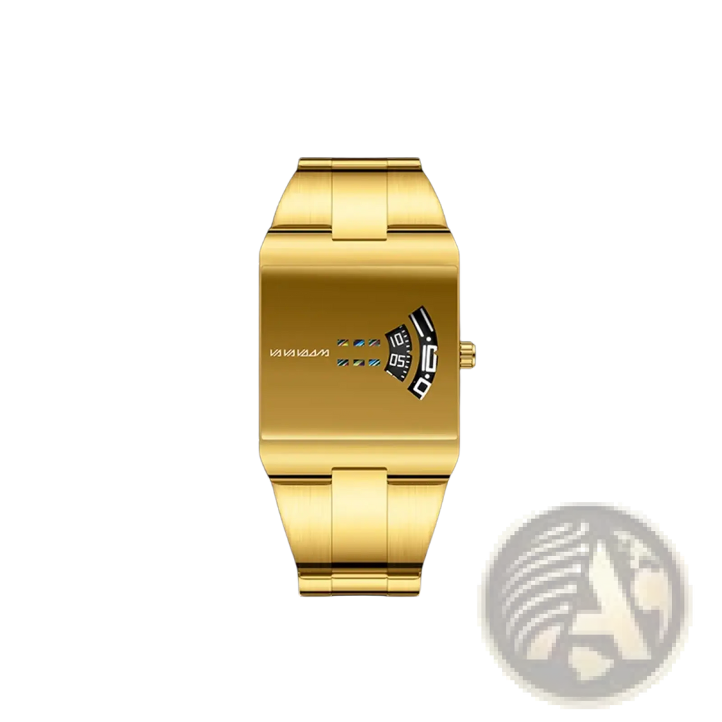 Gold-toned va va voom men quartz digital watch with rectangular stainless steel band and minimalist display