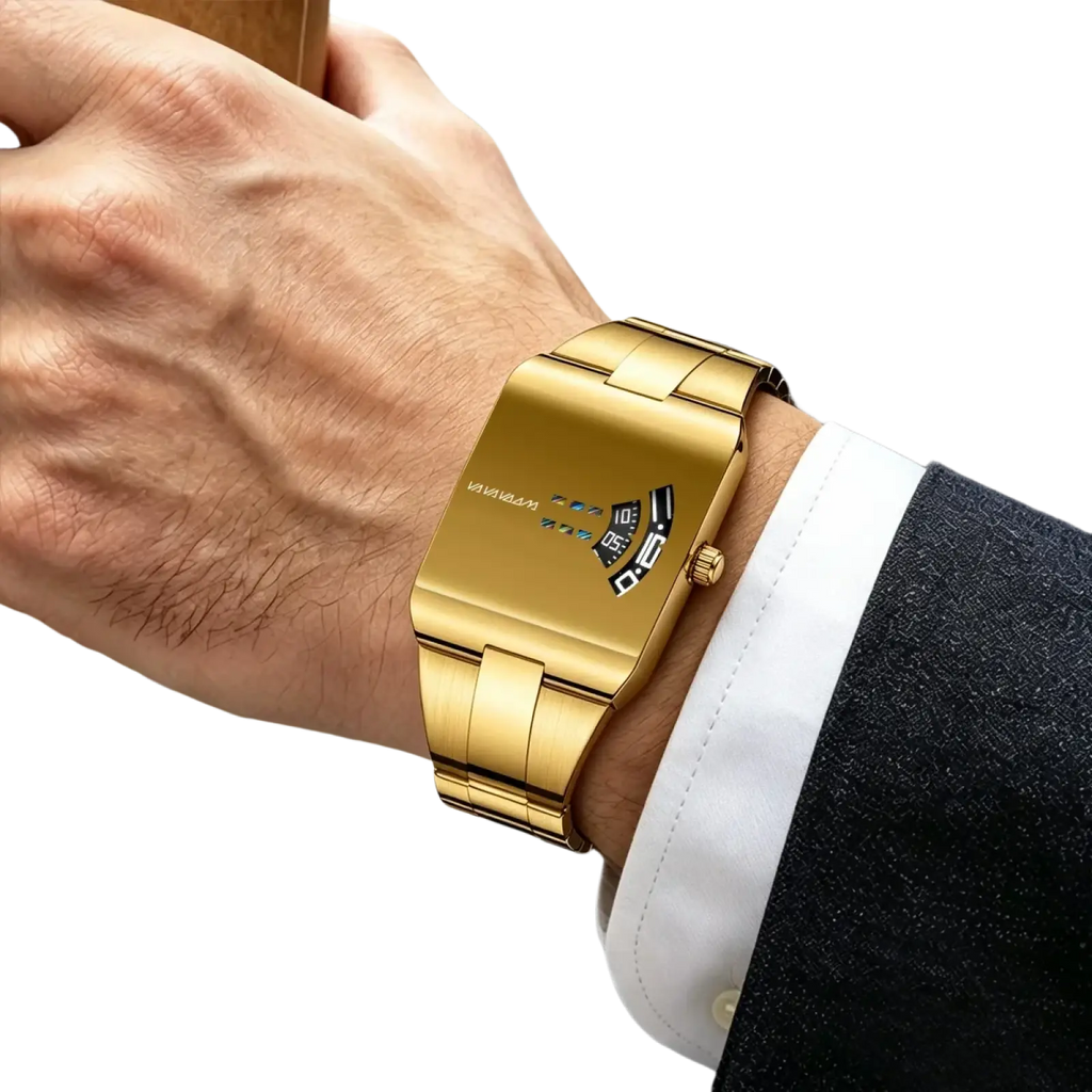 Va Va Voom men quartz digital watch with gold-toned rectangular face and stainless steel sleek metallic band