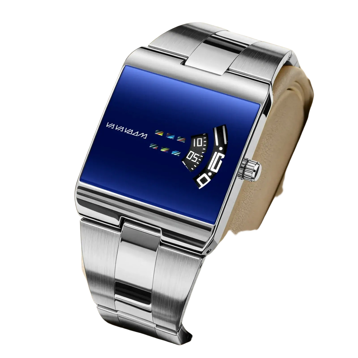 Va Va Voom men quartz digital watch with silver-toned stainless steel case and vibrant blue face with black numerals