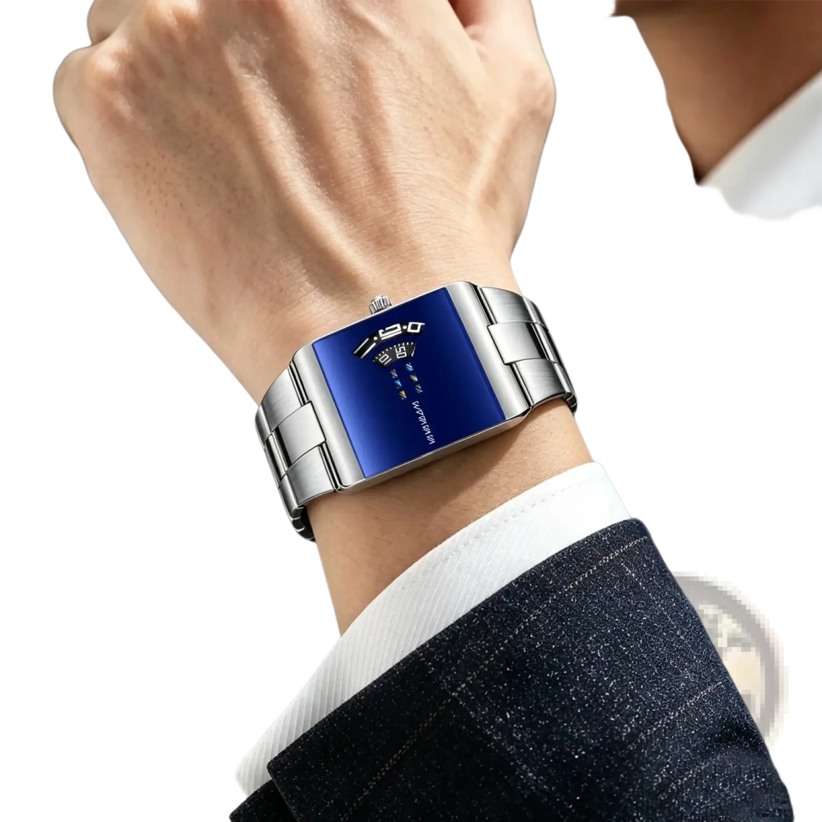 A sleek silver-toned stainless steel va va voom men quartz digital watch with a vibrant blue dial on a man’s wrist
