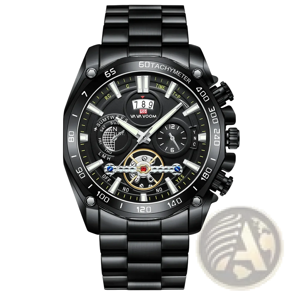 Va va voom mens luxury stainless steel watch with black chronograph dial and gold toned movement visible through face