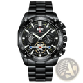 Va va voom mens luxury stainless steel watch with black chronograph dial and gold toned movement visible through face