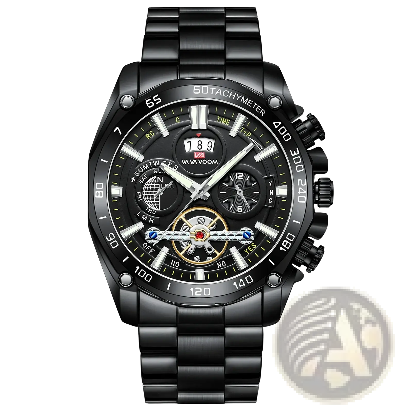 Va va voom mens luxury stainless steel watch with black chronograph dial and gold toned movement visible through face