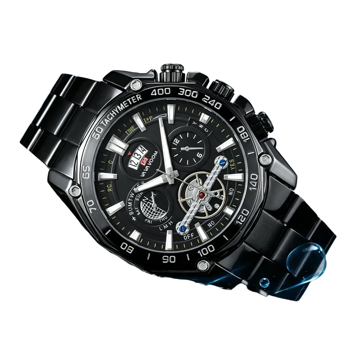 Va va voom mens luxury black stainless steel chronograph watch with sleek rugged design and multiple subdials