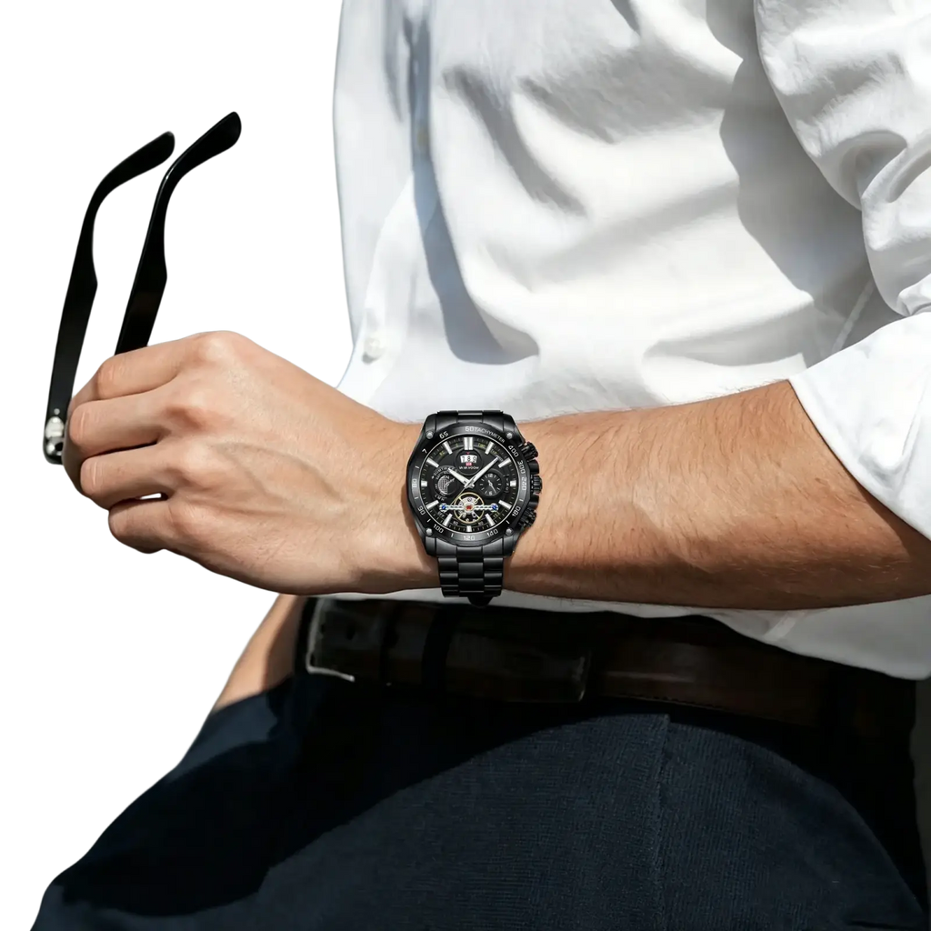 Va Va Voom mens luxury black stainless steel chronograph watch with sleek modern design and multiple subdials