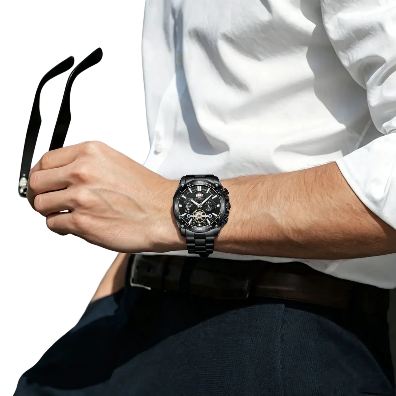 Va Va Voom mens luxury black stainless steel chronograph watch with sleek modern design and multiple subdials