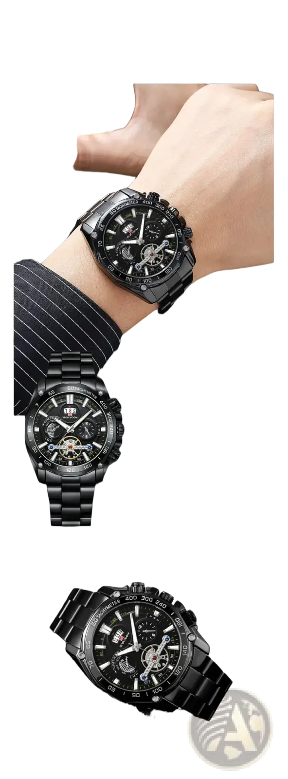 Va Va Voom mens luxury black stainless steel chronograph watch with sleek design and bold black dial with subdials