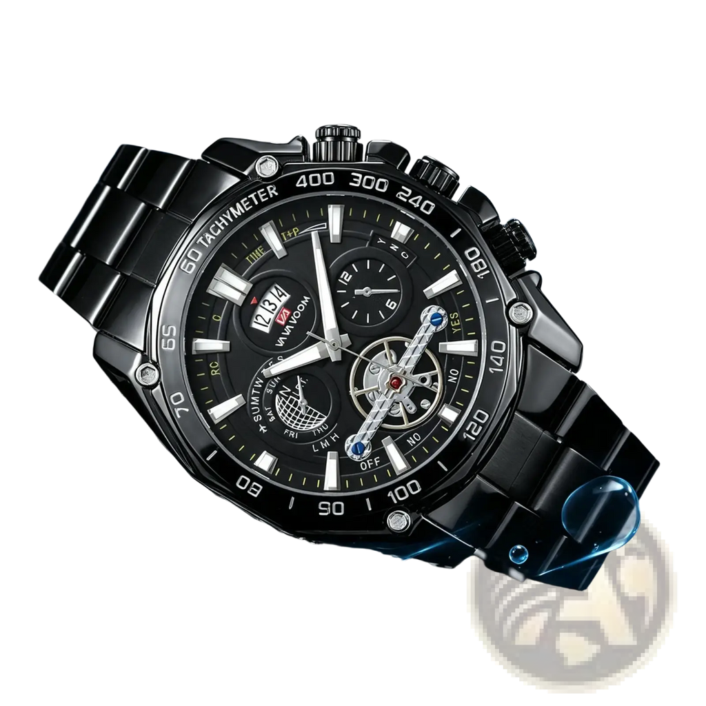 Va va voom mens luxury black stainless steel chronograph watch with sleek rugged design and multiple subdials