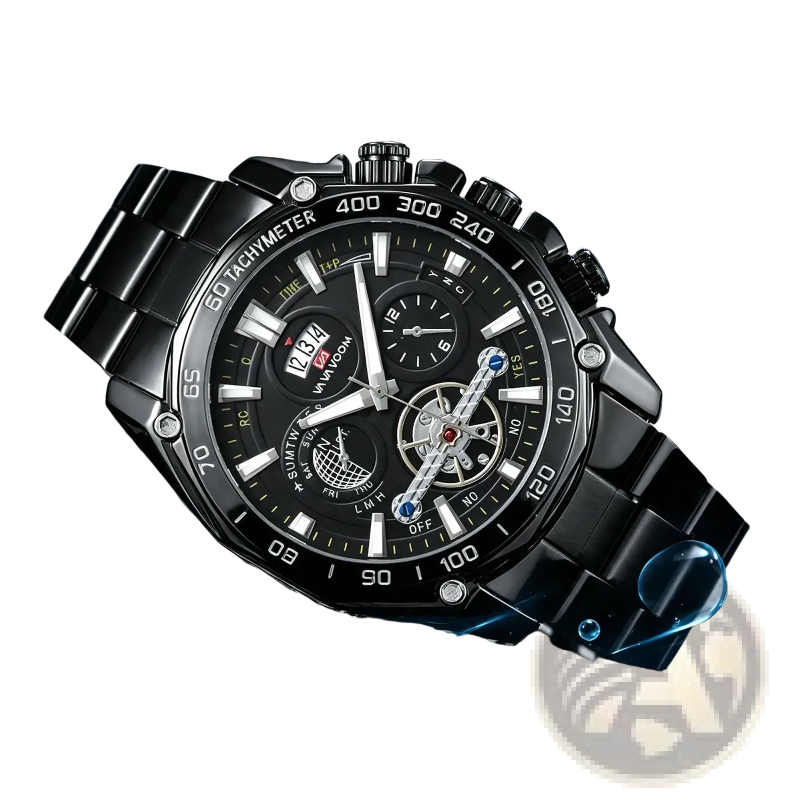 Va va voom mens luxury black stainless steel chronograph watch with sleek rugged design and multiple subdials