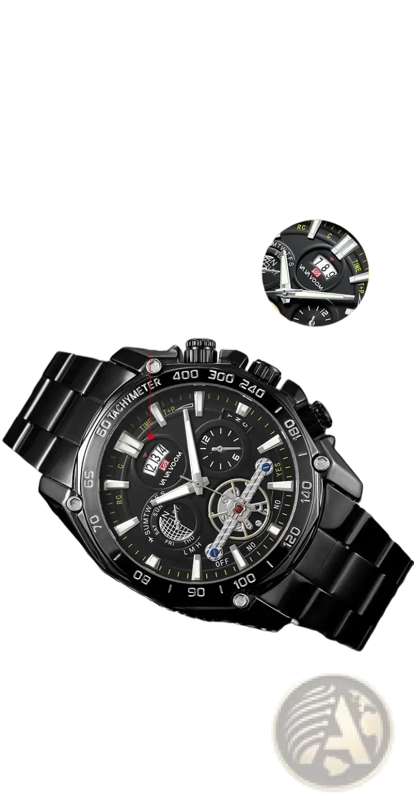 Va Va Voom mens luxury black stainless steel chronograph watch with detailed dial and exposed gear mechanism