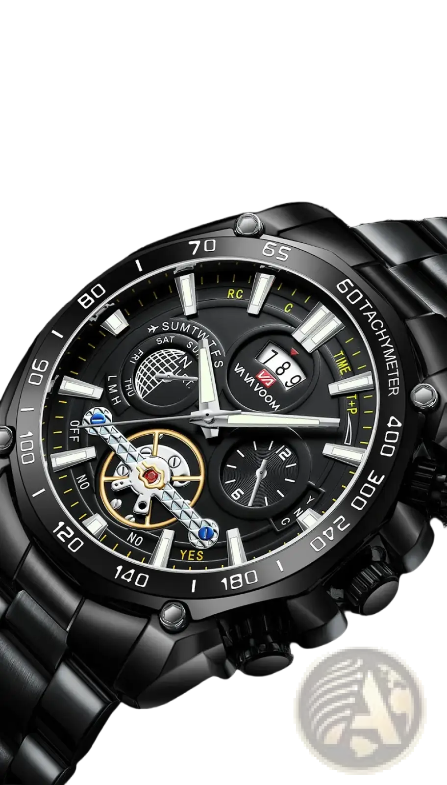 Va Va Voom mens luxury black stainless steel sport watch with multi-functional dial and chronograph features
