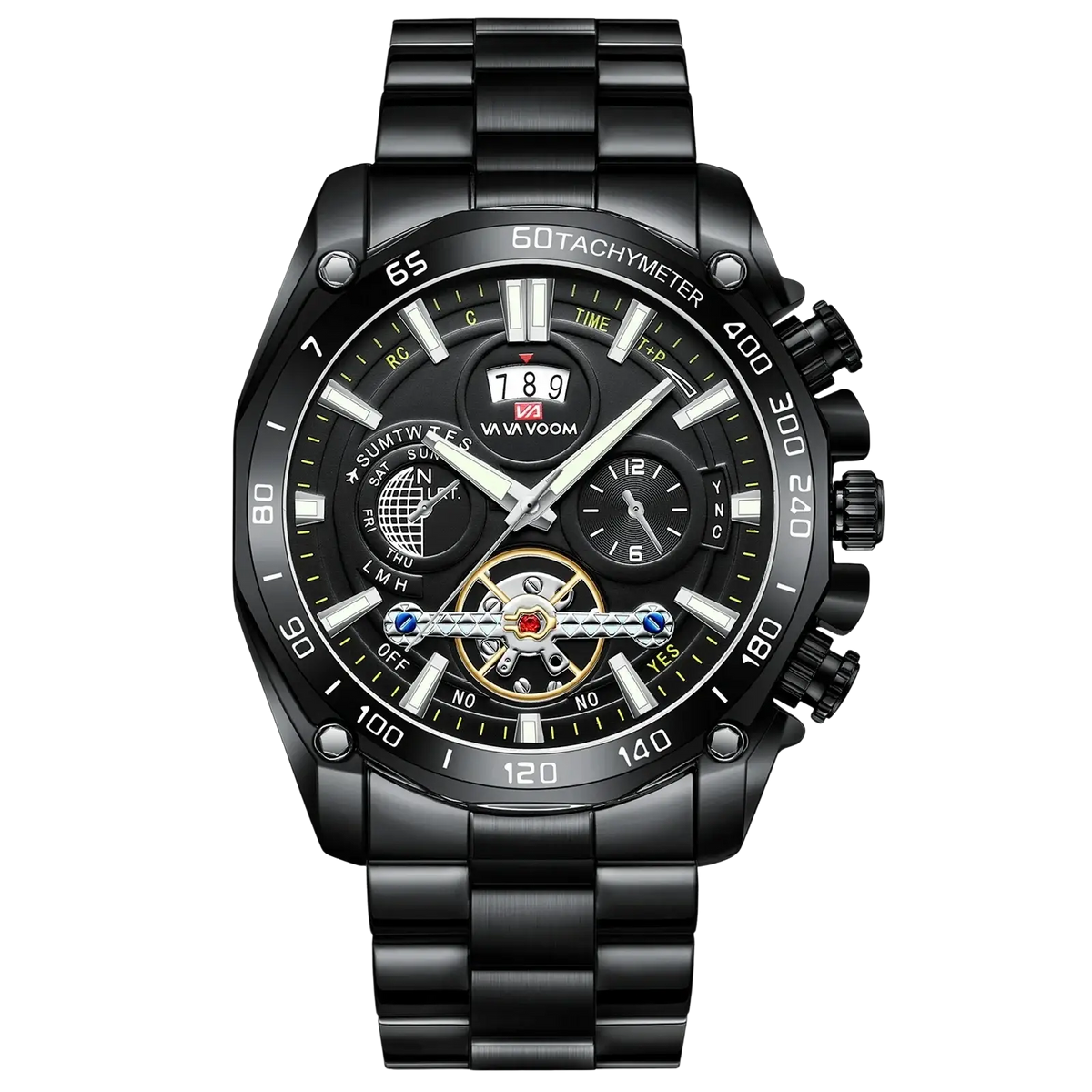 Va va voom mens luxury stainless steel watch with black chronograph dial and gold toned movement visible through face