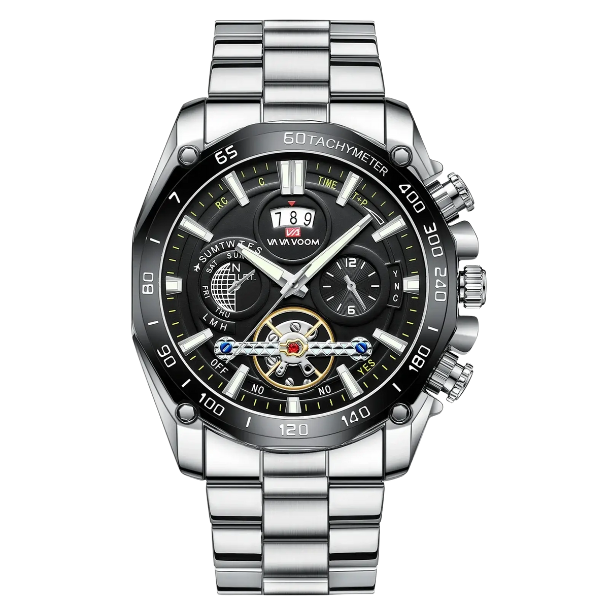 Va va voom mens luxury stainless steel watch in silver tone with black dial gold tone exposed movement and multiple subdials