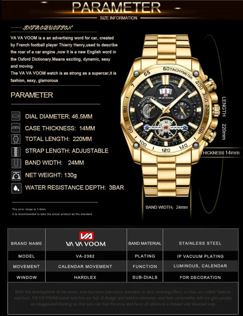 Gold-plated stainless steel va va voom mens luxury chronograph watch with black dial luminous hands and calendar function