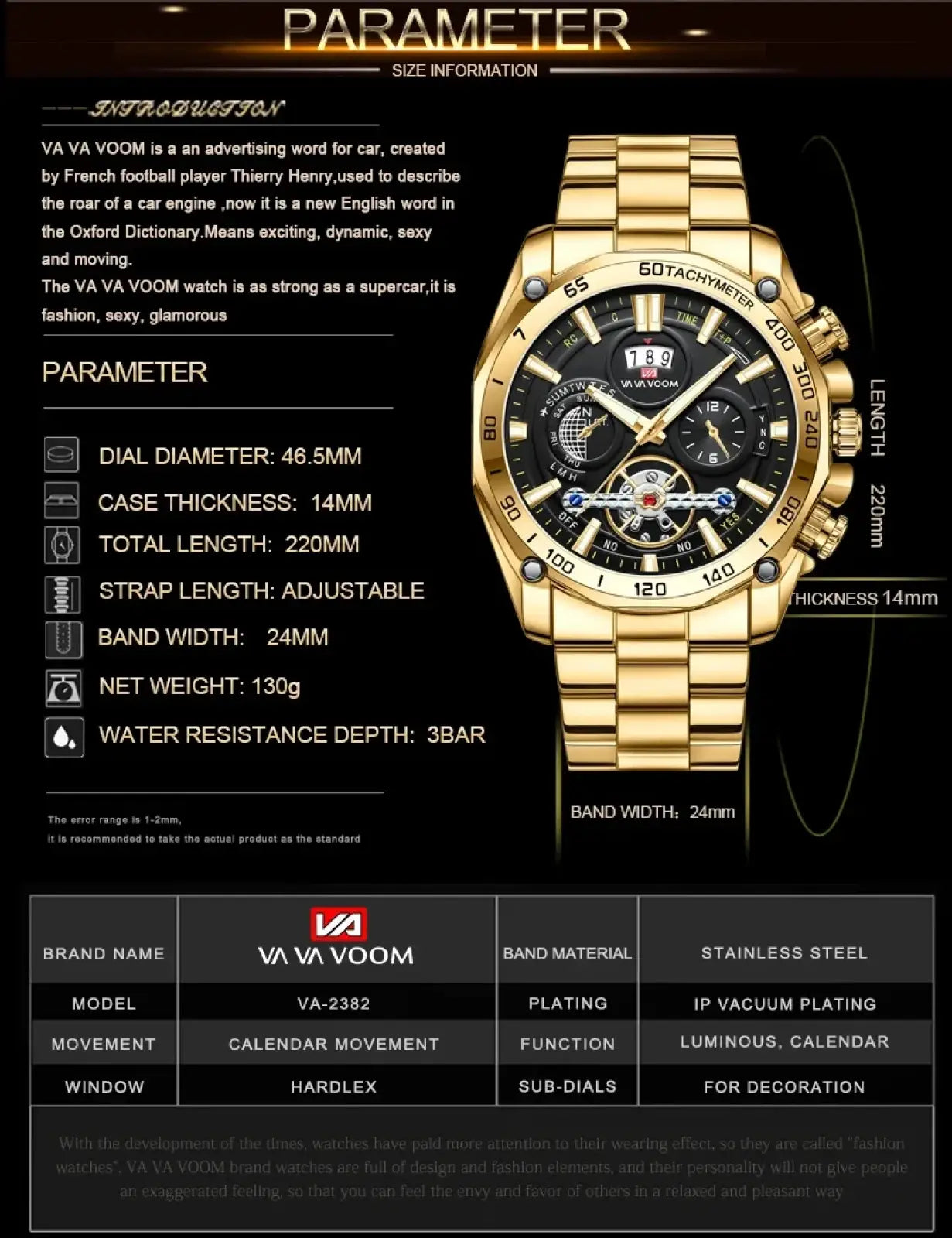 Gold-plated stainless steel va va voom mens luxury chronograph watch with black dial luminous hands and calendar function