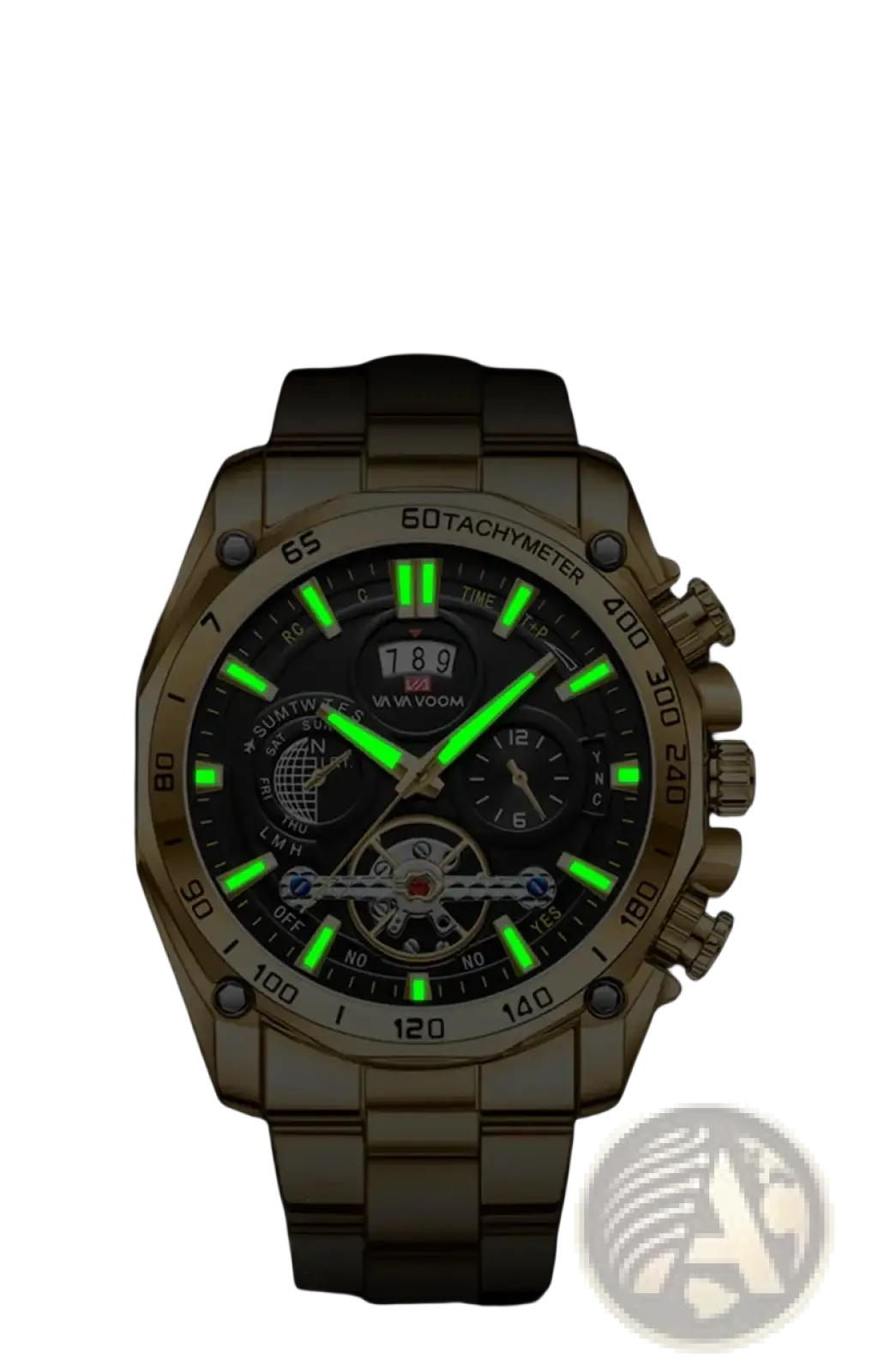 Va va voom mens luxury gold-tone stainless steel chronograph watch with black dial and luminous green markers and hands