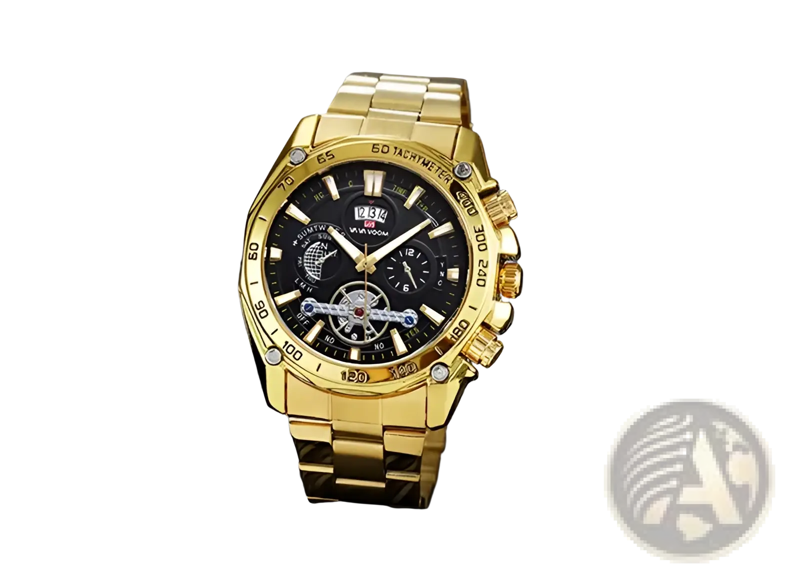 Va Va Voom mens luxury gold-tone chronograph watch with black dial silver hands markers and stainless steel bracelet