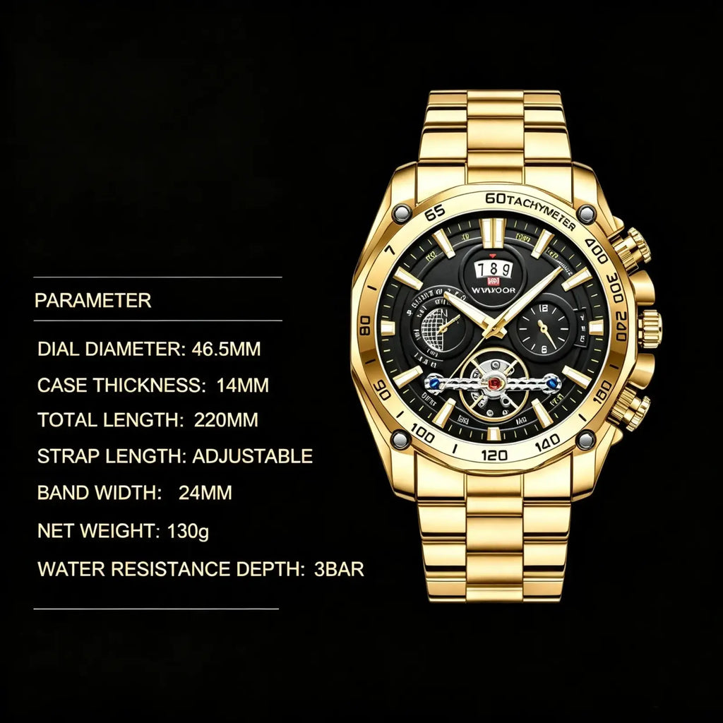 Va va voom mens luxury stainless steel watch with gold-tone chronograph case black dial and adjustable bracelet
