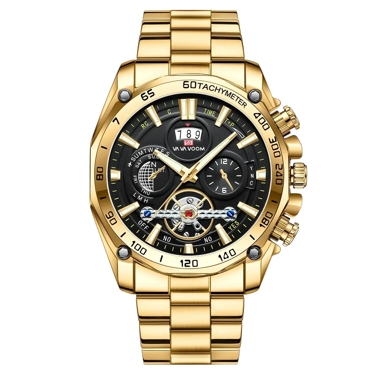 Gold-tone va va voom mens luxury stainless steel chronograph watch with black dial multiple subdials and mechanical movement
